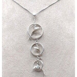 Sterling Silver Box Chain 18" Necklace NC Jumping Dolphins Pendant 6.4g 0.8mm